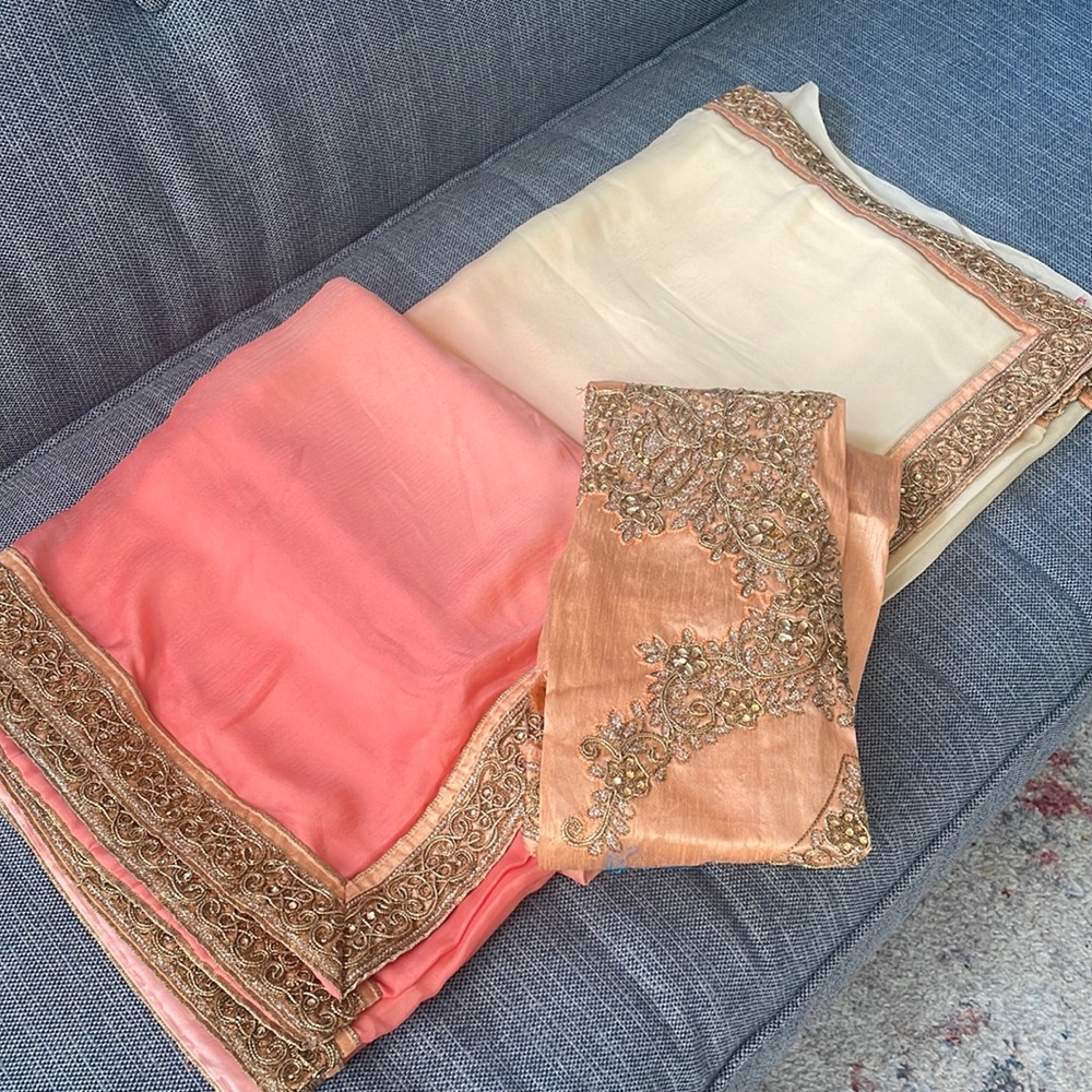 Cream and peach two toned sari. Chiffon. Blouse piece customizable. Indian sari